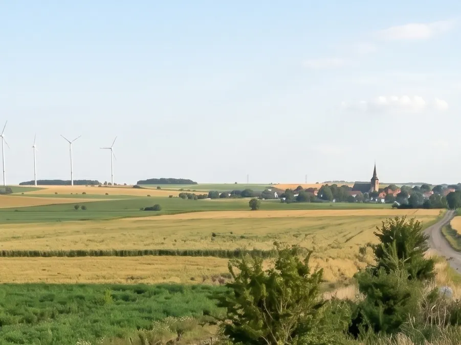H&uuml;gelige Agrarlandschaft mit Dorf und Windr&auml;dern